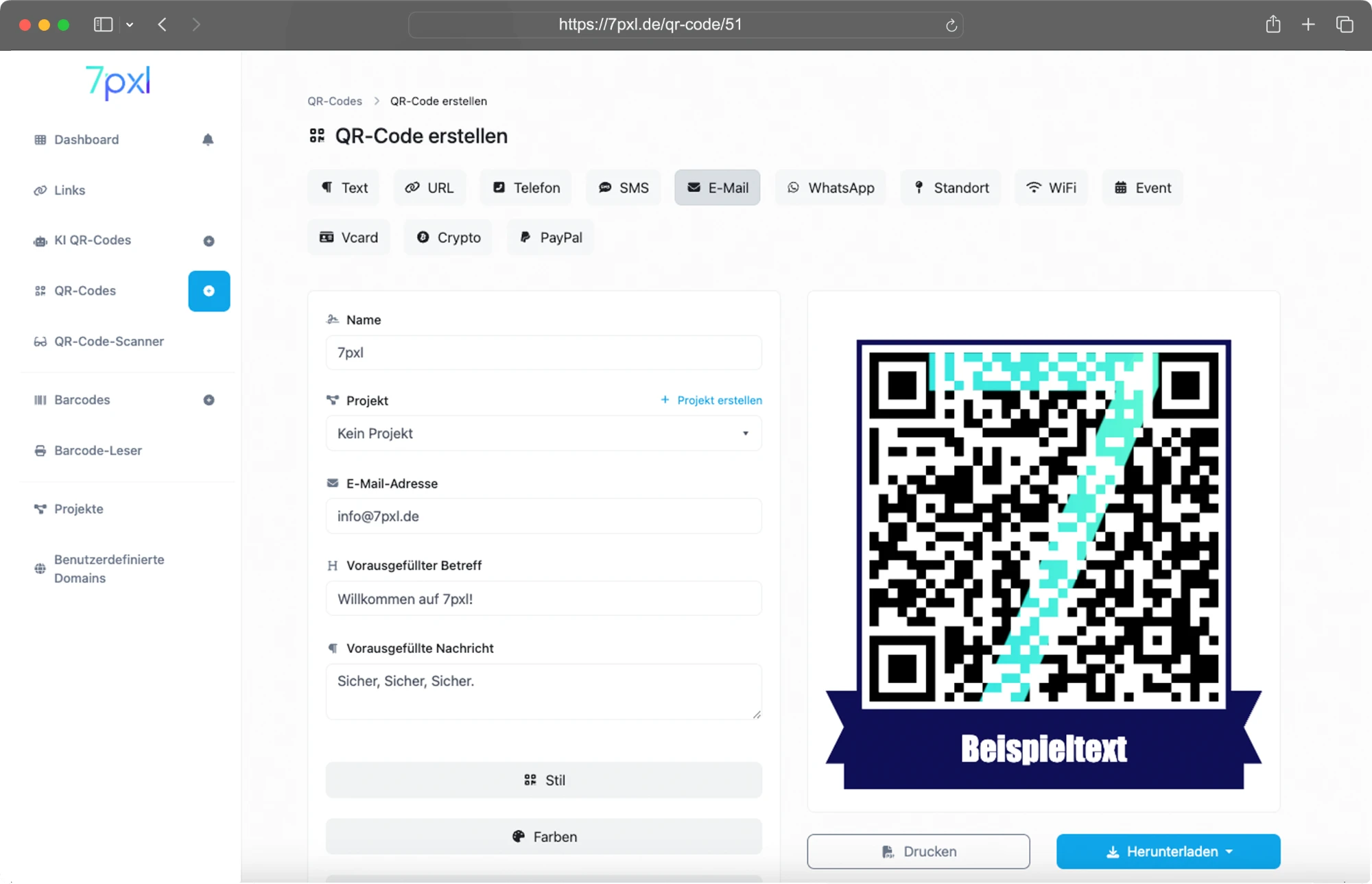 7pxl Console – QR-Code erstellen mit 16 Typen, eigenen Farben und Design-Vorschau
